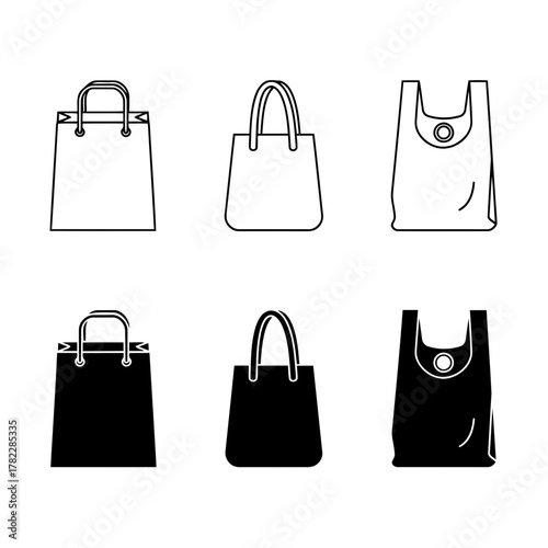 Shopping Bag and Tote Icons Set: Collection of Black and White Line and Glyph Vector Symbols Representing Retail, Purchase, Grocery, Commerce, and Sustainable Packaging.