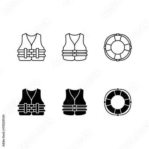 Life Vest, Life Jacket, and Lifebuoy Icons Set: Collection of Black and White Line and Glyph Vector Symbols for Water Safety, Emergency Equipment, Rescue, and Swimming.