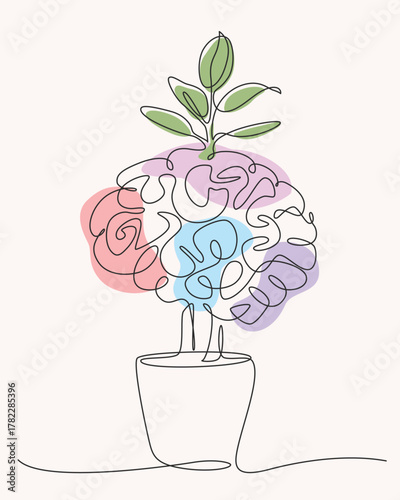 Brain in a pot with plants growing one line drawing. Brain in a pot with plants growing single line illustration. Brain in a pot with plants growing minimalist line art