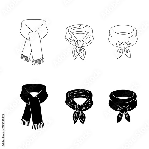 Scarf and Bandana Icons Set (Classic): Collection of Black and White Line and Glyph Vector Symbols Representing Winter Wear, Fashion Accessories, Neckwear, and Cold Weather Protection.