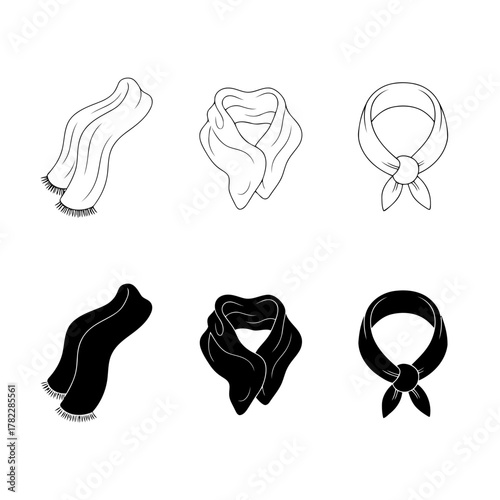 Scarf and Shawl Icons Set (Flowing Style): Collection of Black and White Line and Glyph Vector Symbols Representing Elegant Neck Accessories, Fashionable Clothing, and Stylish Winter Wear.