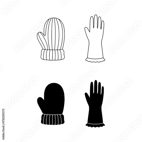 Mitten and Rubber Glove Icons Set: Collection of Black and White Line and Glyph Vector Symbols Representing Hand Protection, Winter Wear, Cleaning, and Household Gloves.