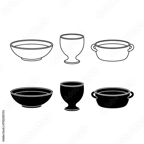 Kitchen Bowl Icons: Outline and Silhouette Vector Set of Mixing, Serving, and Pedestal Bowls for Food, Dining, and Culinary Graphics.