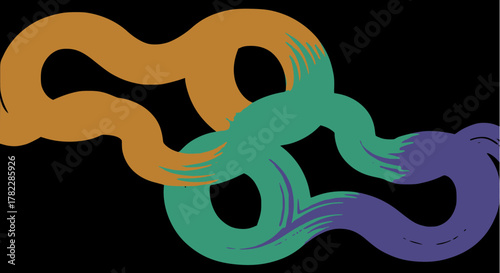 Dynamic vector ribbon pattern: Two thick, continuous, overlapping wavy lines with color segmentation in primary red, yellow, and blue, creating an abstract, flowing, graphic design element on black