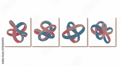 Set of four abstract 3D ribbon knot vectors: Intertwined, continuous loops in a contemporary style using contrasting dusty rose and dark teal colors on a white background. Mathematical, minimalist, co