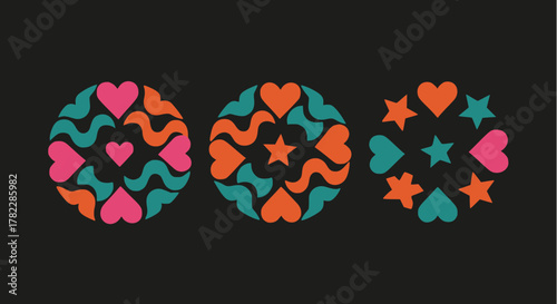 Set of three stylized mandala vector icons: Circular rosette designs featuring symmetric repeating hearts, stars, and wavy patterns in vibrant pink, orange, and teal, on a solid dark background. Decor