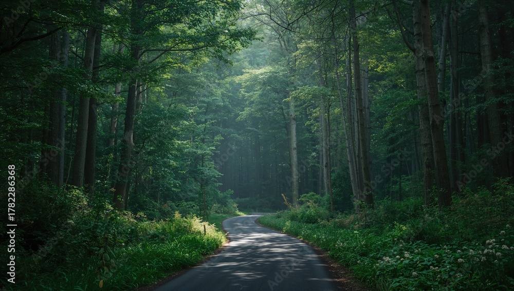 Fototapeta premium A winding path enveloped by dense woodland with limited sight distance
