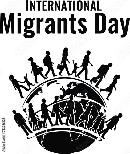 International migrants day with people silhouettes walking around the world to raise awareness about migration