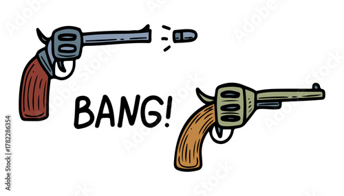 Set of pistols. Hand drawn flat vector. Cowboy weapons. Gun. Shot. Bang. Bullet flight. Revolver illustration.