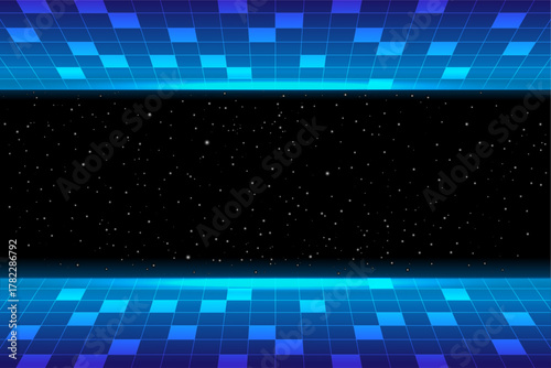 Sci-fi digital grid with glowing blue tiles and a starry space center, perfect for tech and cosmic themes