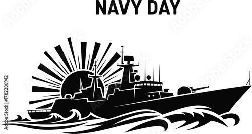 Silhouette of a naval ship for navy day, celebrating the strength and maritime power