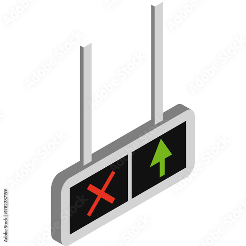 Isometric Green Arrow Up Symbol and Red Cross Mark Sign Displayed on Black Digital Screens with 