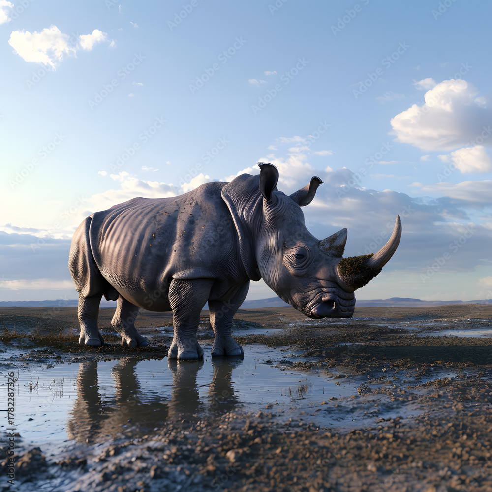 Fototapeta premium Majestic rhinoceros standing in a muddy puddle under a cloudy sky.