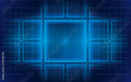 Abstract futuristic neon lights Square Background. Structured Data processing in Database. Transfer digital data. Future technology digital background. Blue Digital cyberspace and light lines dot.