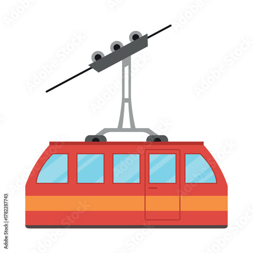 Red aerial tramway cabin against a white background for transportation in mountainous areas