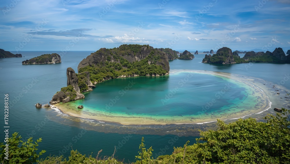 Obraz premium A large marine lake surrounded by stunning limestone islands in a tropical seascape, showcasing unique saltwater ecosystems