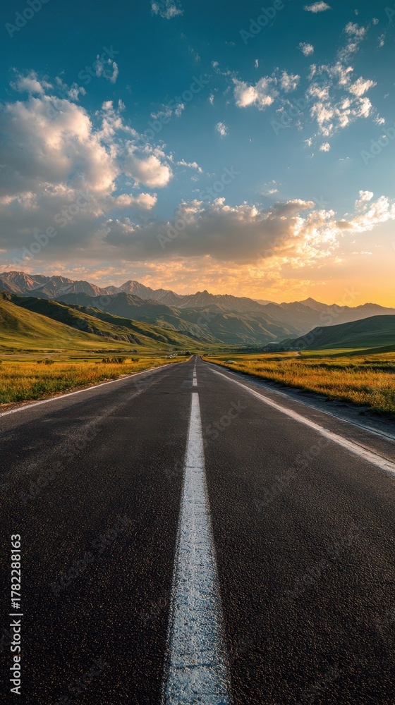 Naklejka premium Vibrant photo of picturesque road leading to mountains under a cloudy sky during sunset
