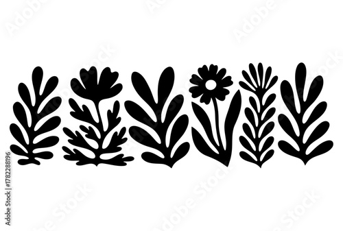 Set of black stylized botanical silhouette shapes including flowers and leaves