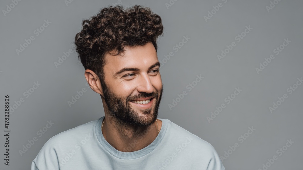 Obraz premium Serene simplicity: the fresh look of a smiling young man in minimalist style. Majestic beauty. Portrait of a young guy in a blue shirt against a gray canvas of simplicity. Advertising photo.