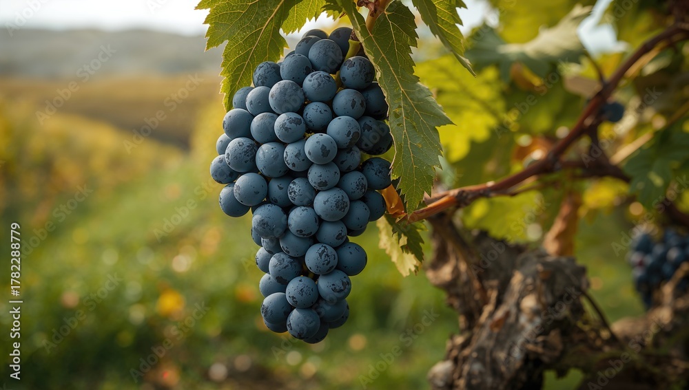 Fototapeta premium Blue grapes set against a vineyard backdrop, highlighting a fiber-dense choice, autumn