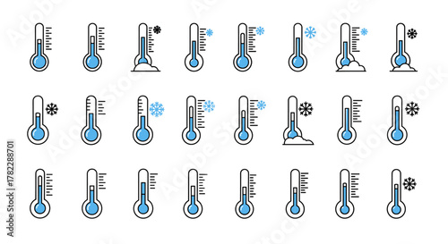Collection of minimalistic line icons representing thermometers with varying temperature readings, including cold weather indicators like snowflakes and snowdrifts, suitable for web, graphic design