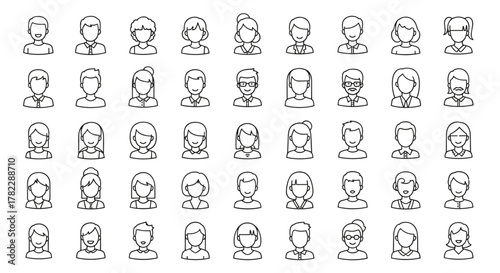 A diverse collection of simple, modern outline vector avatars for user profiles, representing various individuals with different hairstyles and clothing styles, perfect for web design, apps, and