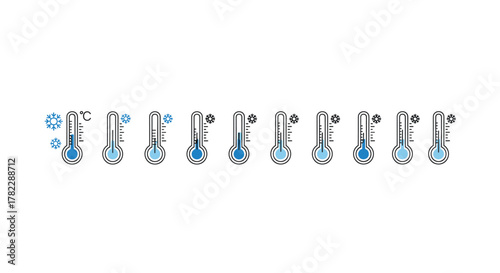 Set of minimalistic thermometer icons with snowflakes, indicating cold temperatures and frost, presented in a clean, cartoon vector style suitable for web, graphic design, apps, banners, social