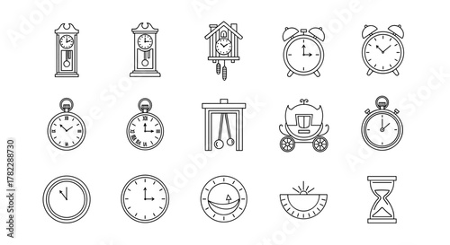Collection of vintage and modern timekeeping devices, including grandfather clocks, cuckoo clocks, alarm clocks, pocket watches, stopwatches, hourglasses, and abstract time representations, all