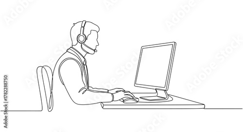 Continuous one-line drawing of a professional support agent working diligently at a desk with a computer and headset, symbolizing effective communication, customer service, and modern office work in