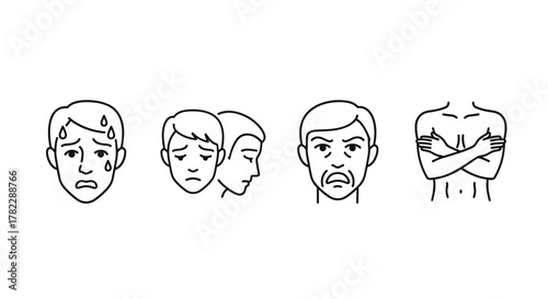 Set of outline icons representing fear and anxiety in various social contexts, including a sweating face, a person avoiding eye contact, a person with a closed mouth, and a person with crossed arms