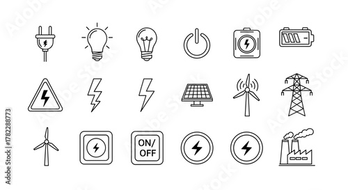 A clean and modern vector illustration set featuring essential electricity icons, including a power plug, light bulbs, power button, battery, high voltage warning, solar panel, lightning bolt, wind