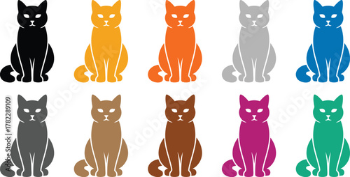 Cat silhouette collection in multiple colors different, Multicolor feline vector illustration set