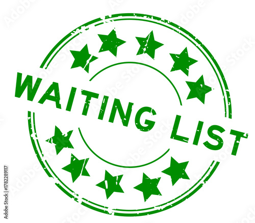 Grunge green waiting list word with star icon round rubber seal stamp on white background