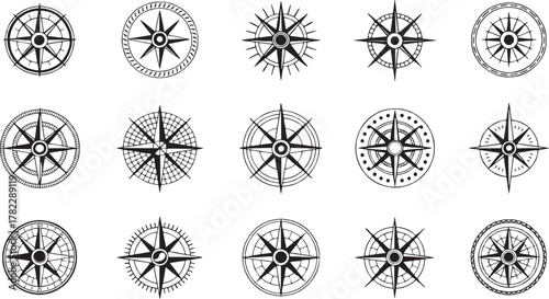 Set of vintage compass icons. Nautical and navigation compass rose collection in black outline style.