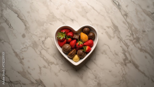 Heart-shaped bowls filled with aphrodisiac ingredients on a marble surface, beneficial for sexual health