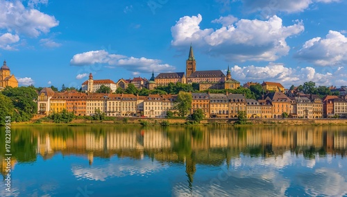 Fototapeta Naklejka Na Ścianę i Meble -  Urban skyline mirrored on water with colorful buildings and sky