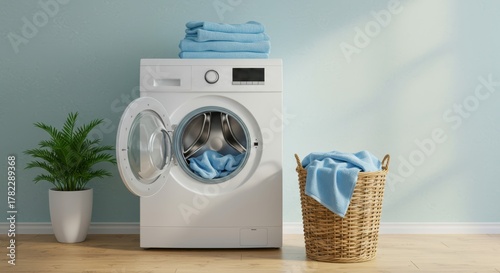 A bright and cozy laundry room featuring a modern white front loading washing machine with its door open