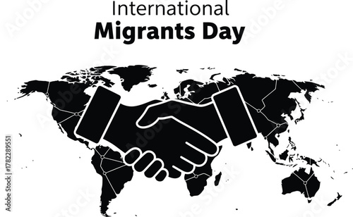 International migrants day banner with handshake and world map for poster or banner design to support migrants
