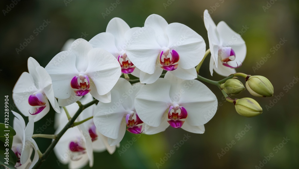 Obraz premium Close-up image of vibrant white and purple orchids blooming on a green branch, showcasing the beauty of nature, seasonal change