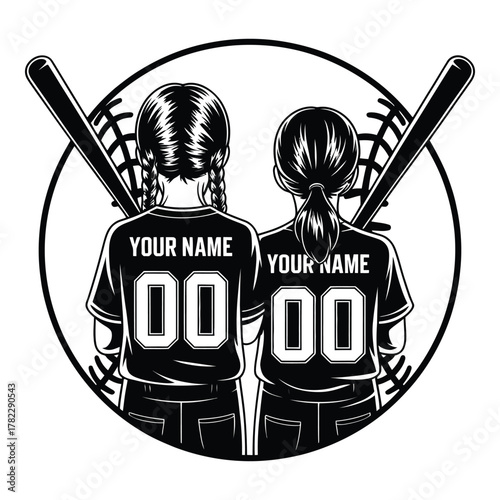 Girls softball team emblem with customizable name and number design