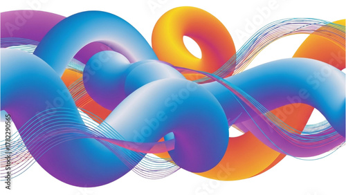 Vibrant abstract composition of colorful wavy forms and swirling liquid elements creating a dynamic futuristic pattern