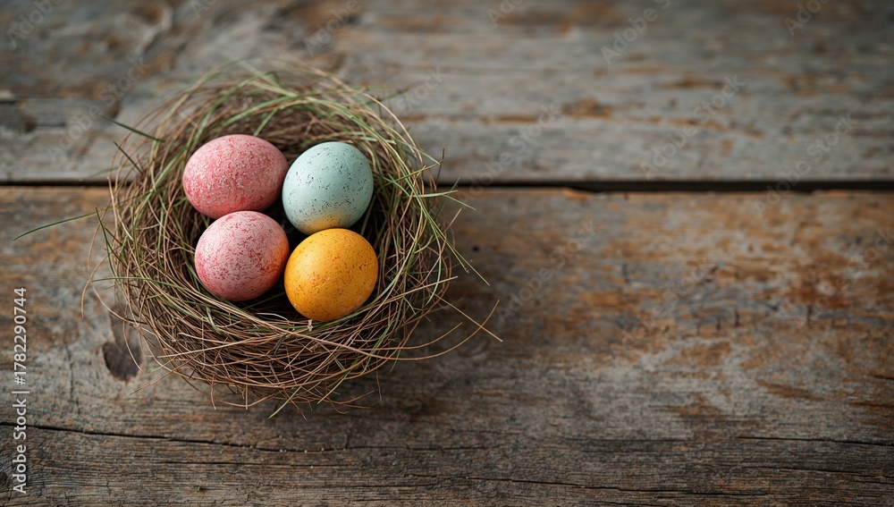 Obraz premium Colored eggs nestled in a rustic wooden setting, seasonal celebration, Easter