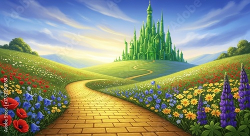 Enchanted emerald castle on a grassy hill with golden brick road and colorful wildflowers