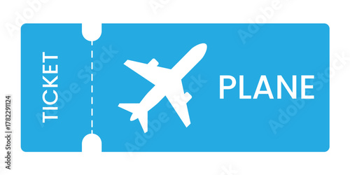 Ticket airline vector icon showing blue boarding pass with airplane silhouette in minimalist travel design