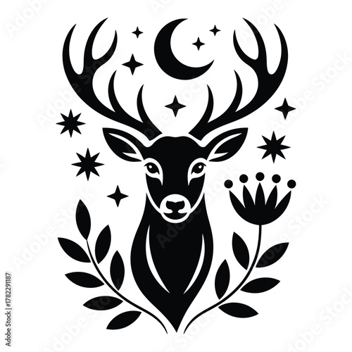 Mystical deer with moon stars and floral elements in black silhouette