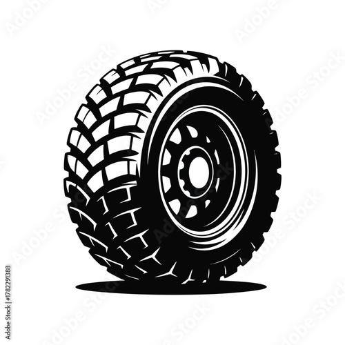 Off road vehicle tire design in black and white illustration