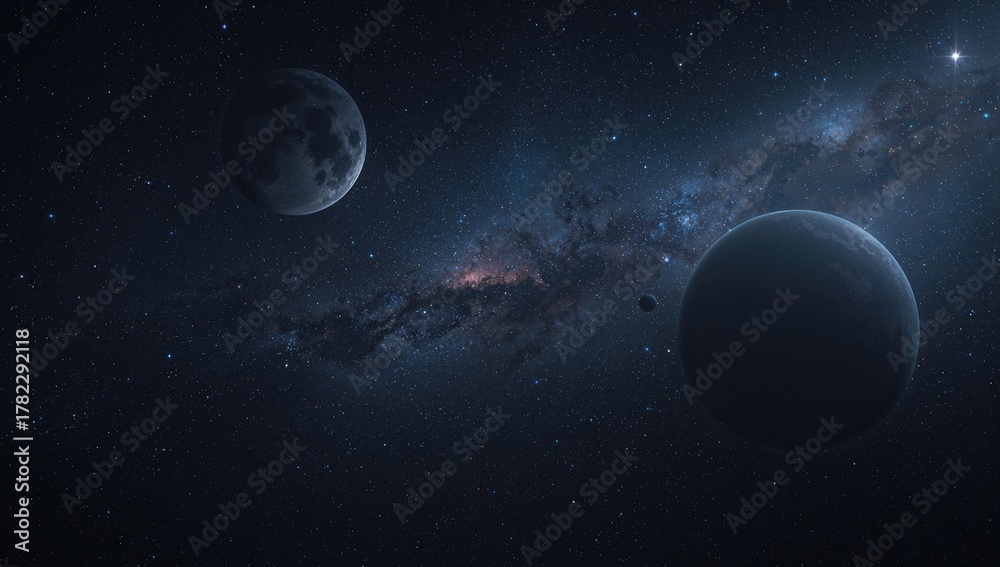 Obraz premium Wide-angle view of celestial bodies including planets, stars, and galaxies against a space backdrop. Banner design featuring numerous faraway nebulae and galaxies in the cosmic expanse. Vast cosmic