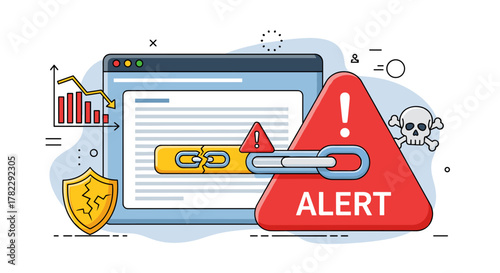 Digital alert for a broken link in an email message, symbolizing spam, phishing, and SEO danger from spammy link tactics, with a cracked shield and skull and crossbones indicating a harmful cyber