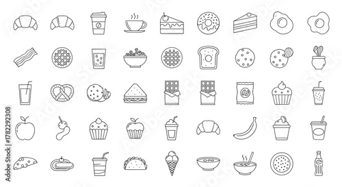 A diverse collection of food and drink line icons, perfect for breakfast, snacks, and pastries. This ordered set features outline graphics on a clean white background, ideal for digital and print