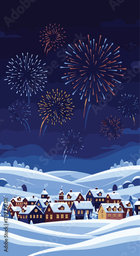 Festive Fireworks Illuminate a Charming Snowy Village Landscape on a Cold Winter Night